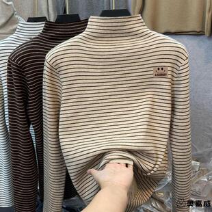 女童冬季内搭上衣男德绒打底衫冬款儿童半高领长袖T恤加绒厚条纹
