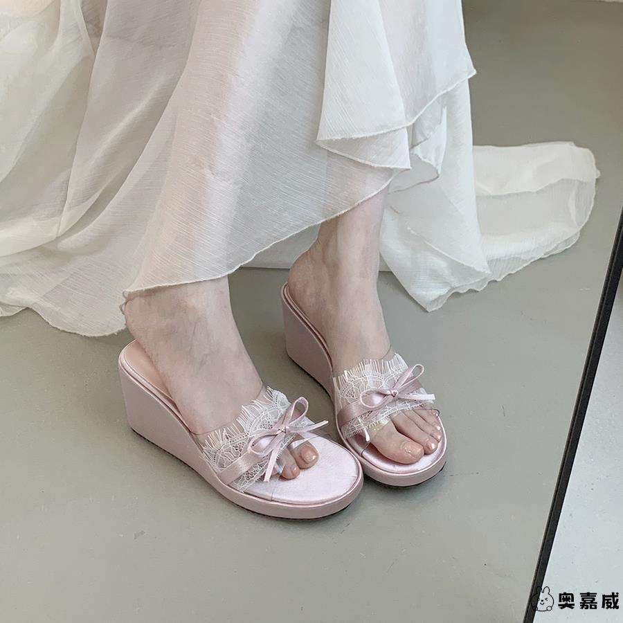 坡跟蝴蝶结一字拖鞋女秋季外穿新款法式晚晚