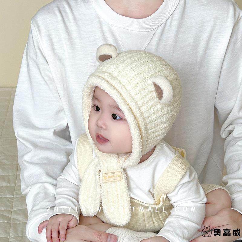 冬季宝宝保暖帽子围巾一体秋针织帽婴儿护耳帽可爱超萌加厚冬天帽