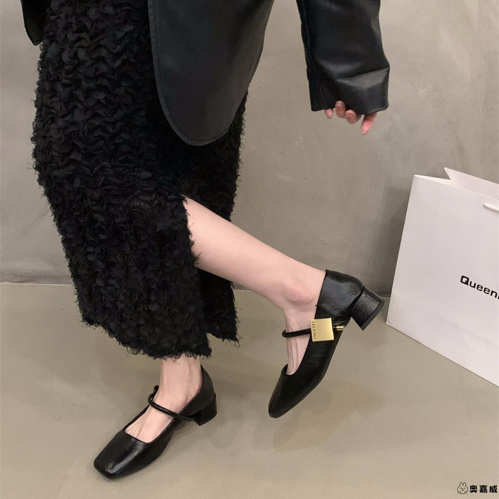 法式黑色粗跟玛丽珍单鞋女鞋子2025新款春秋