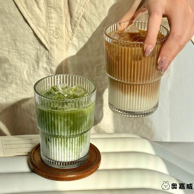 ins竖条纹玻璃咖啡杯高级感水杯家用高颜值