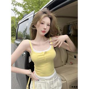 黄色假两件吊带背心女外穿秋季泰式小众甜辣妹jazz抹胸上衣多巴胺