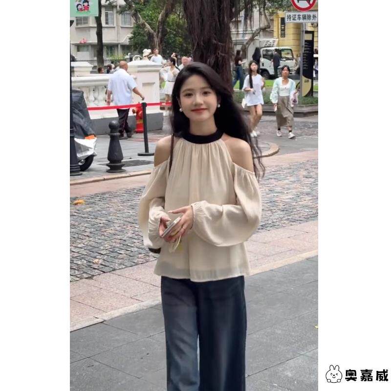 高级感法式露肩挂脖雪纺衫女早春显瘦宽松灯笼袖衬衣别致惊艳上衣
