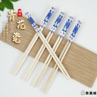 一次性青花瓷筷子红彩头加长加粗户外家用高档独立包装环保竹筷子