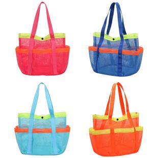 新款沙滩网袋手提网纱健身游泳包网眼大容量便携洗澡洗漱收纳网兜