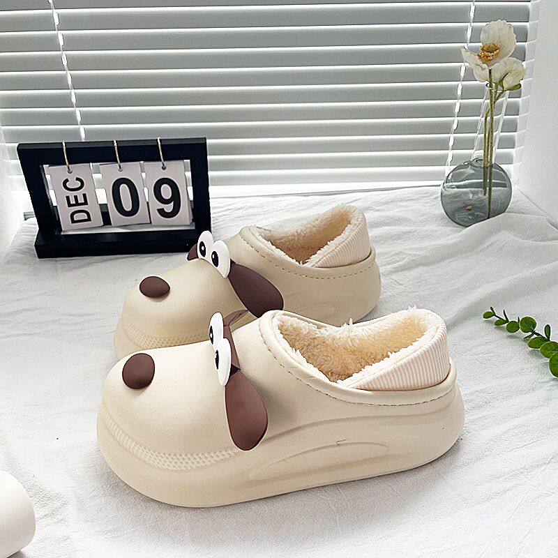 卡通可爱大耳狗加绒棉拖鞋女2025新款冬季可外穿厚底防滑毛绒拖鞋