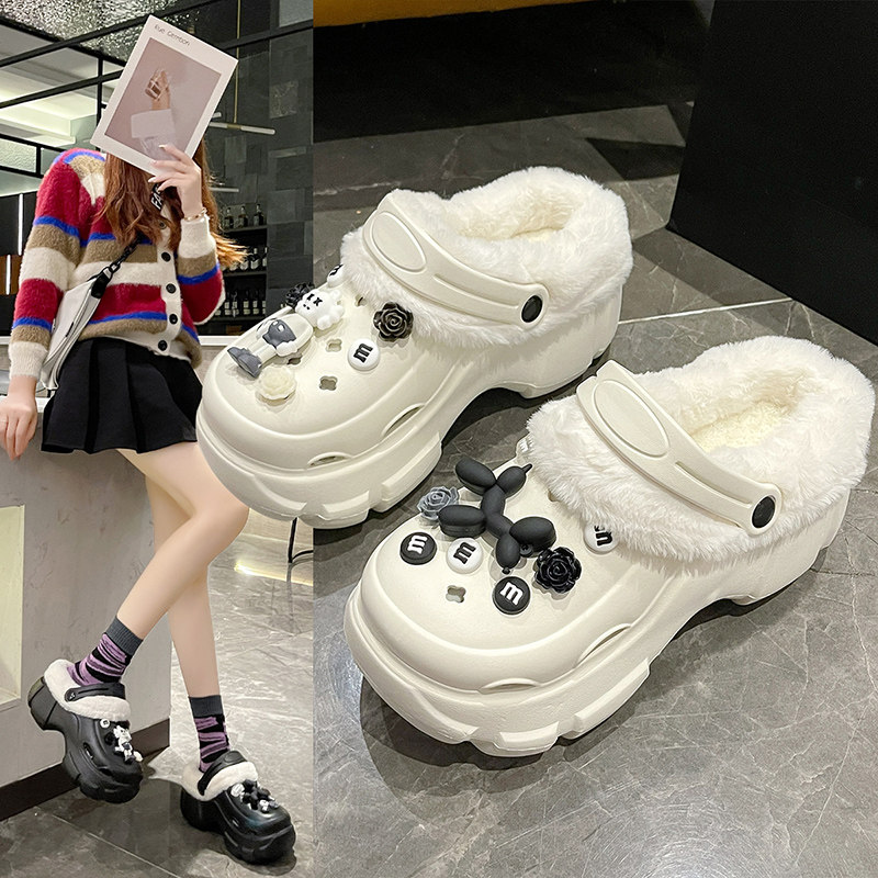 洞洞鞋女加绒外穿2026秋冬新款可拆卸厚底增高可爱包头保暖棉拖鞋