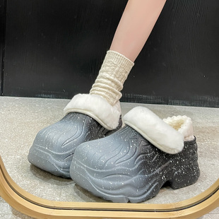 新款百搭棉拖鞋保暖防水雨鞋女拼色保暖冬季新款厚底加绒松糕棉鞋