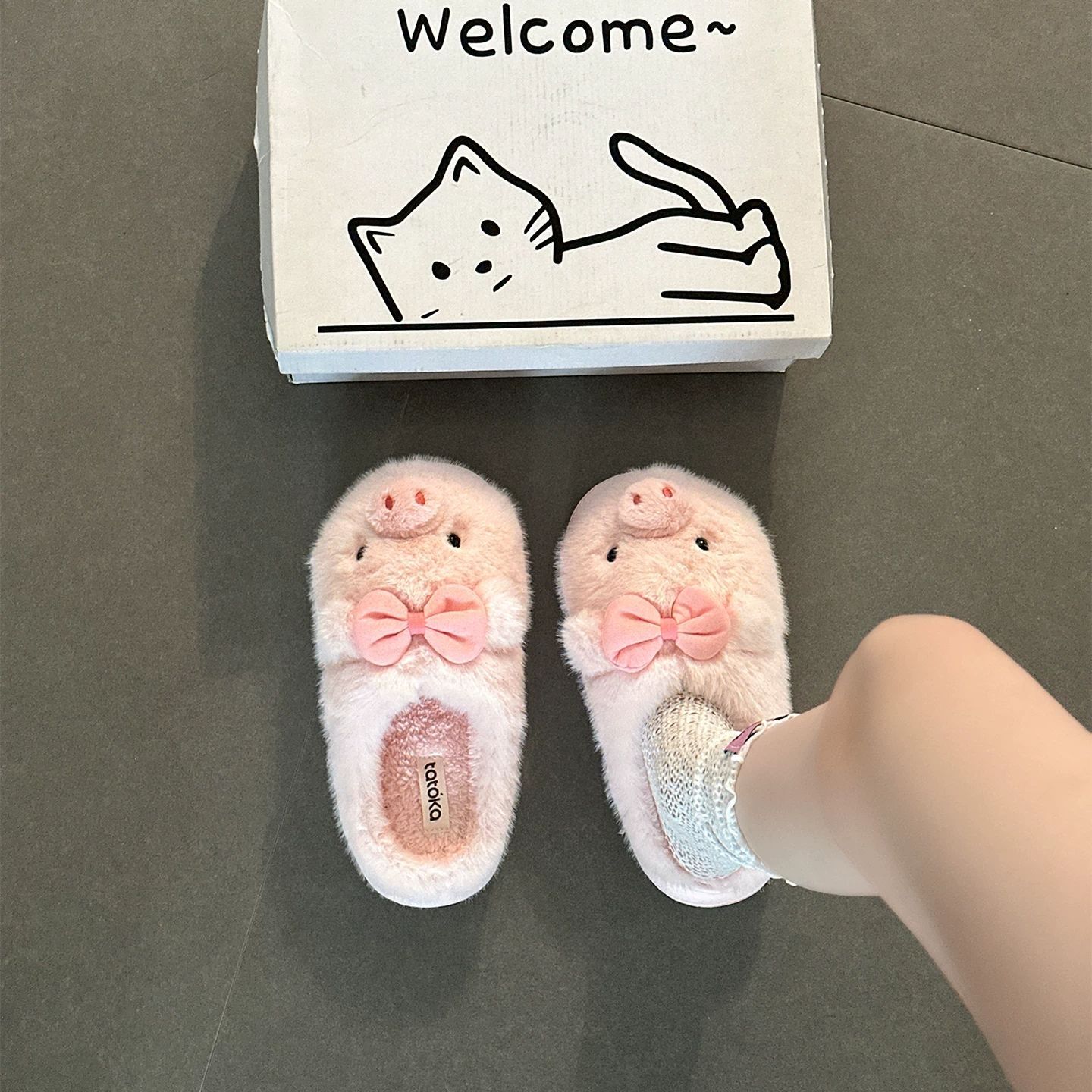呆萌粉嘟嘟蝴蝶结猪猪软糯毛毛鞋