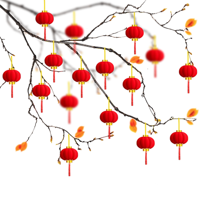 小红灯笼挂饰绿植树上喜庆布置