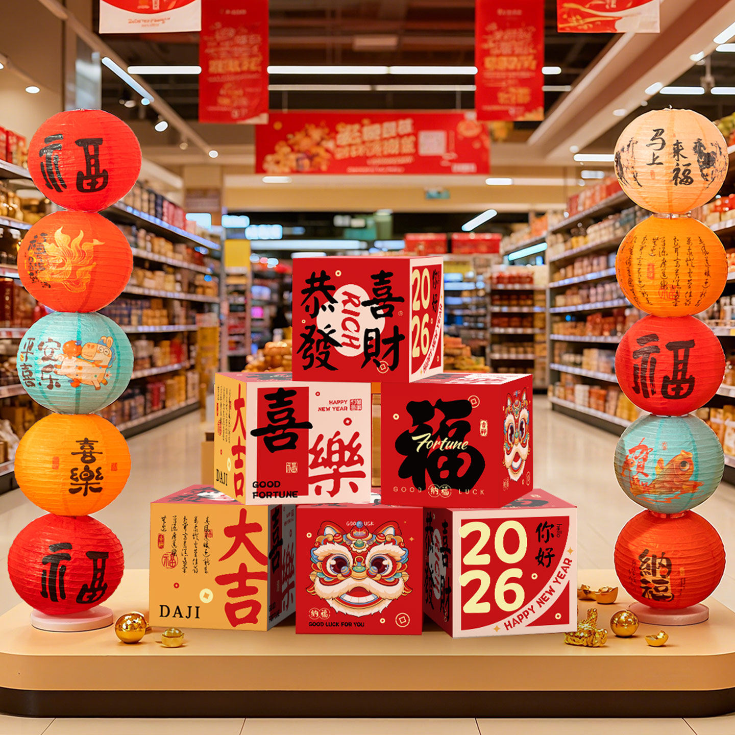 2026新年装饰堆头盒子摆件酒店商场橱窗年会现场迎新氛围场景布置,节庆用品/礼品,节日装扮用品,淘宝优惠券,粉丝福利购,淘宝优惠卷