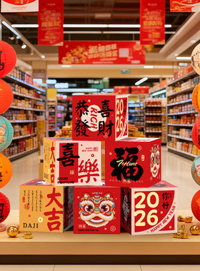 2026元旦新年背景装饰堆头盒子摆件酒店商场橱窗年会现场氛围布置
