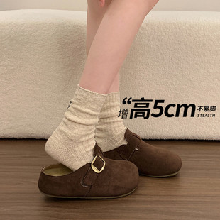 内增高真皮勃肯鞋女半拖两穿2026春秋新款百搭平底休闲单鞋一脚蹬