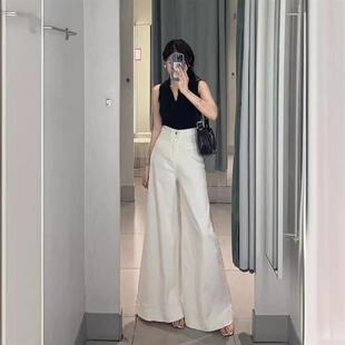 白色棉麻阔腿裤女春夏2024新款小个子高腰休闲直筒亚麻长裤西装裤