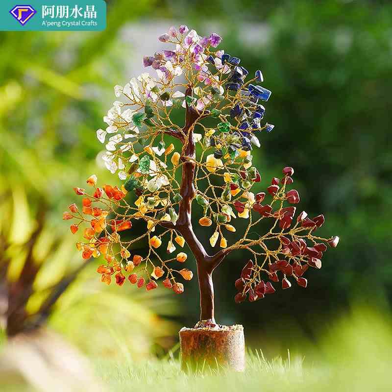 天然水晶碎石发财树水晶七彩碎石实木底座发财树家居创意摆件
