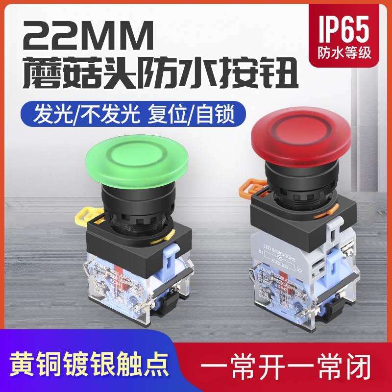 蘑菇头复位按钮开关22MM红绿防水防尘带灯24V 220V设备电源启动