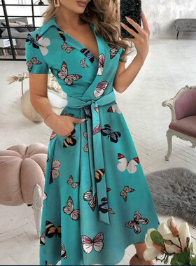 2021EBAY速卖通WISH爆款春夏时尚长袖V领印花包臀连衣裙女装