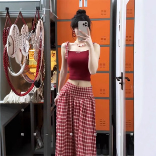 法式 小個(gè)子背心長(zhǎng)裙套裝 紅色格紋吊帶連衣裙女開(kāi)春穿搭2025新款