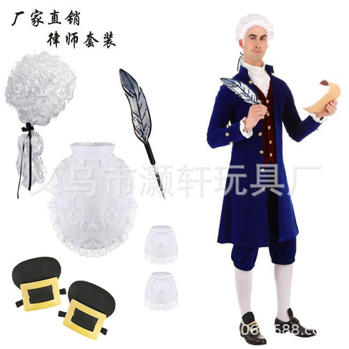 节日装扮ccosplay华盛顿律师假发羽毛笔花边袖套袖口鞋盖鞋扣套装