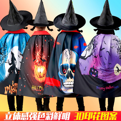 万圣节儿童披风表演服魔法师巫师服装帽子套装立体印花演出服