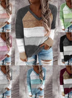 跨境外贸新款独立站wish亚马逊ebay秋冬V领长袖套头拼色毛衣上衣
