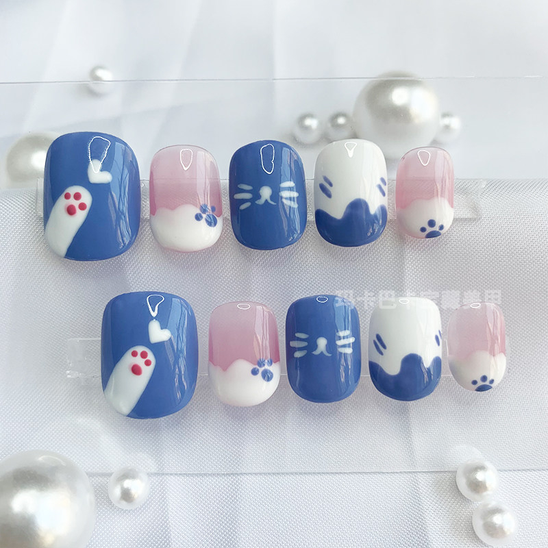 玛卡巴卡瓦蓝猫美甲贴片手工猫咪可爱手绘显白穿戴甲指甲小红书