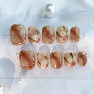 玛卡巴卡秋雾山茶花手工穿戴甲棕咖晕染美甲贴片气质短指甲【现货