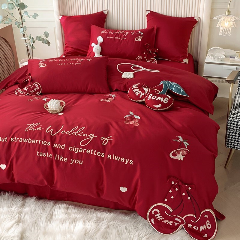 W小清新婚庆四件套全棉60支长绒棉樱桃刺绣结婚红色被套床单六件