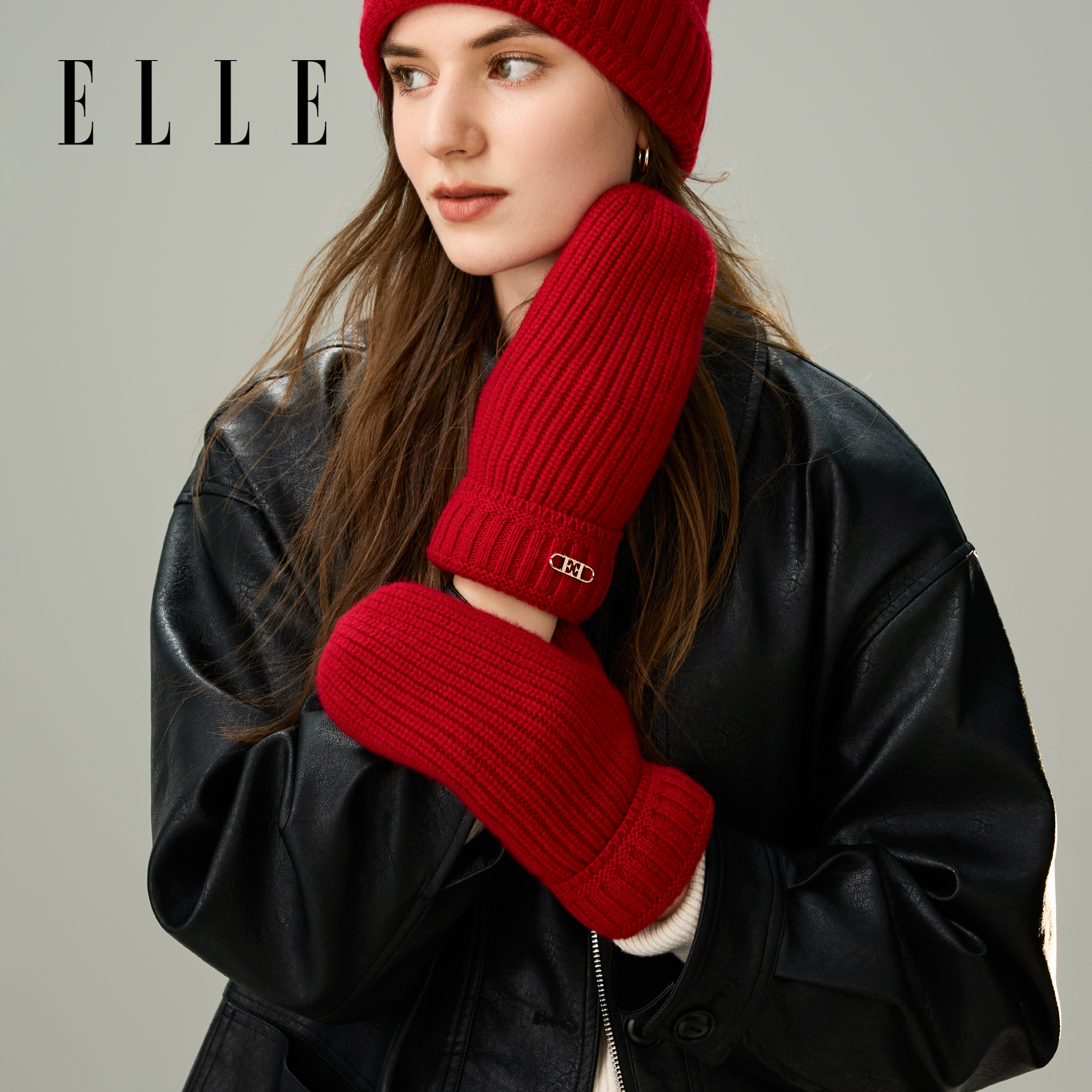 ELLE羊毛针织连指手套女士秋冬季