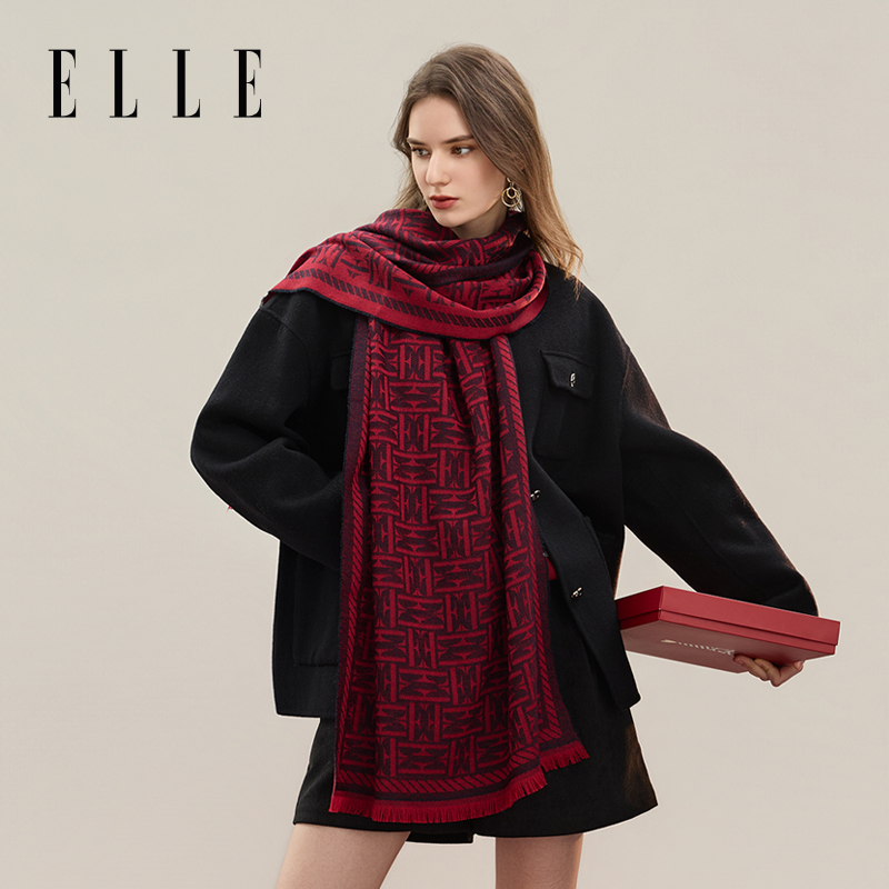 ELLE100%绵羊毛围巾女士秋冬