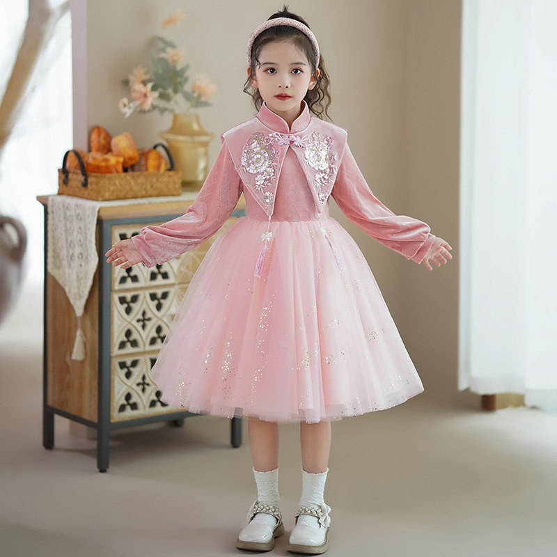 女童秋冬款汉服裙2024新款丝绒连衣裙小女孩秋季中国风唐装古风冬