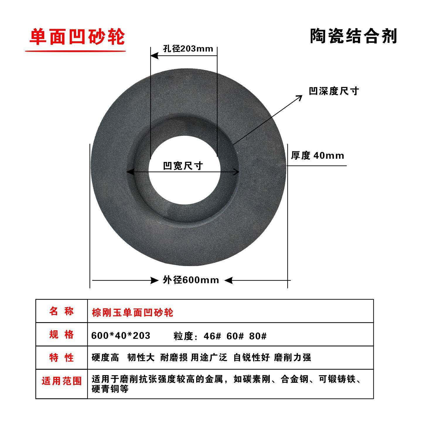 超耐棕刚玉单面凹砂轮600*40*20陶瓷外圆砂轮内圆磨砂轮大水磨沙