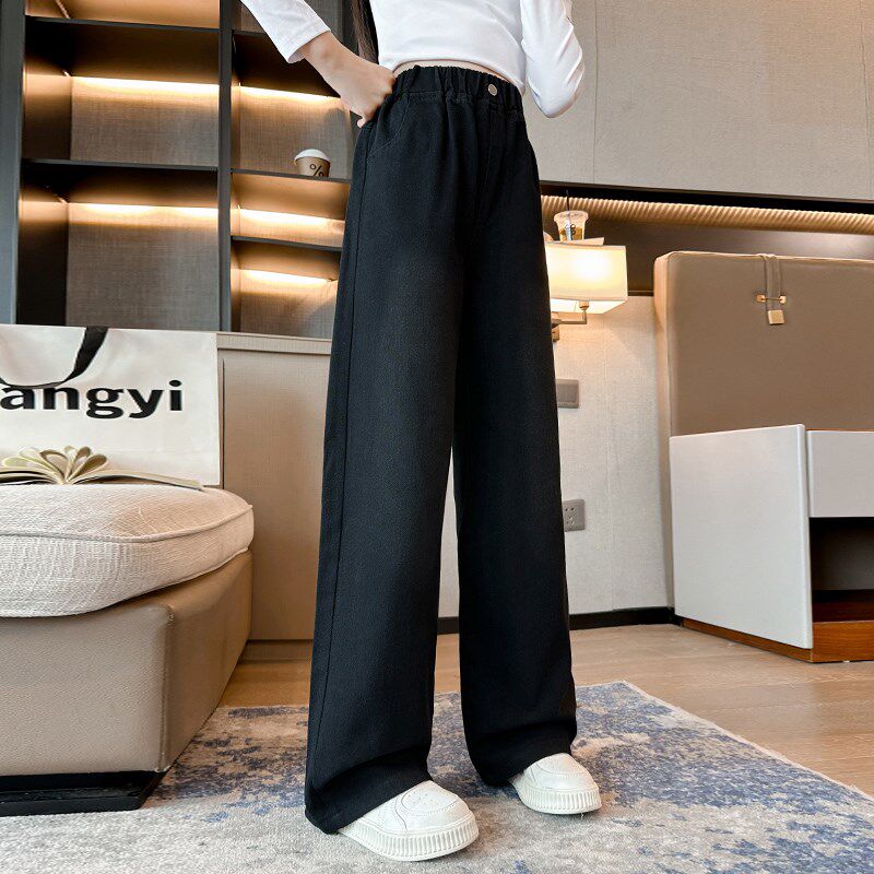 女童裤子春c秋款2024新款秋装中大童时髦洋气直筒U阔腿裤儿童牛仔