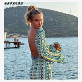 Vacation 连衣裙女 skirt度假撞色蕾丝花边露背长袖 hollowed out