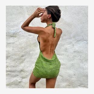 欧美度假露背吊带针织连衣裙 платьея sexy knotted dress