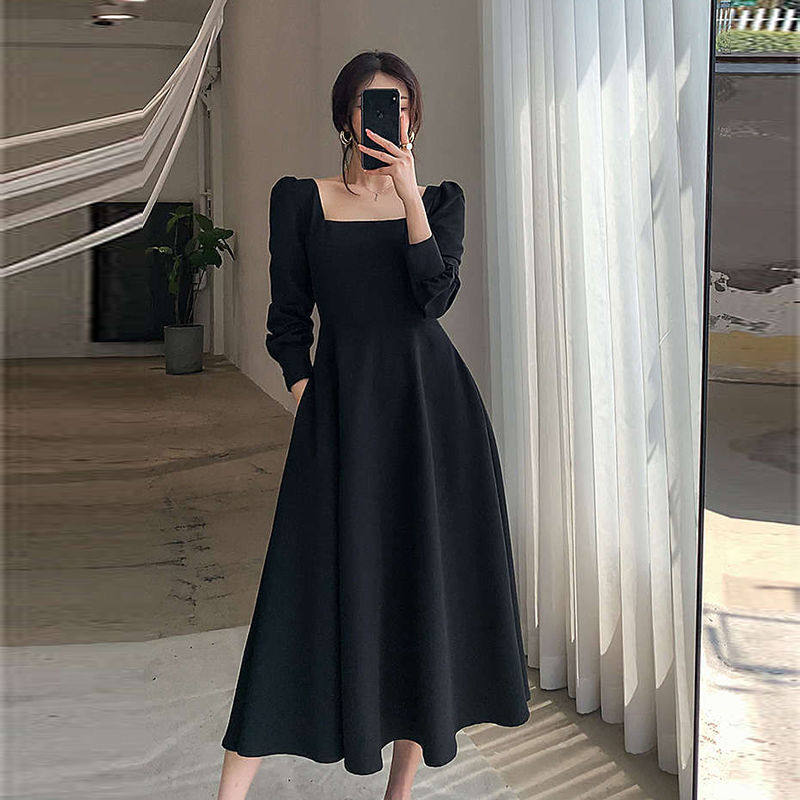 复古赫本风小黑裙women long sleeve fashion dress lady dresses