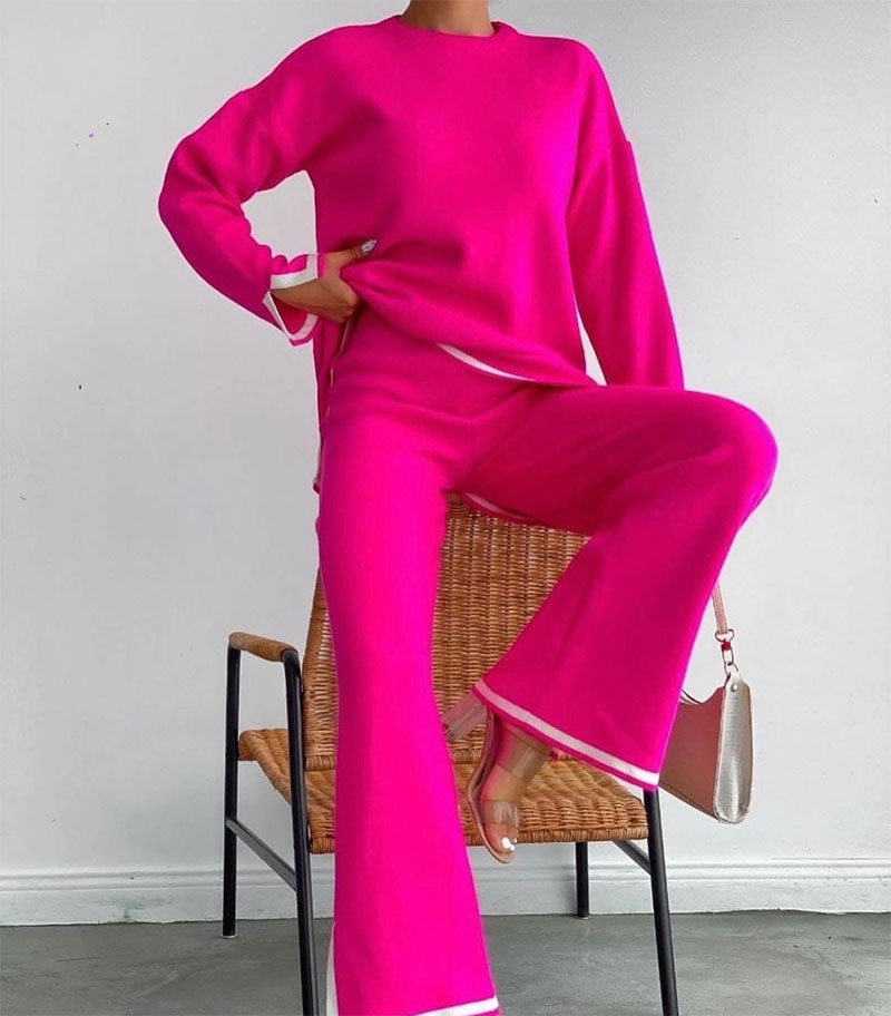 Two-piece knit欧美秋冬女士圆领简约色针织上衣+喇叭长裤两件套