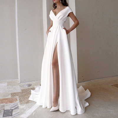 2021欧美女装新品白色无袖V领大摆高腰开叉连衣裙拖地礼服长裙子
