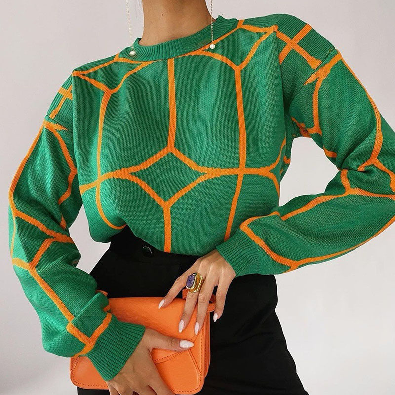 woman sweater欧美秋冬女士圆领撞色套头修身直筒长袖外穿毛衣