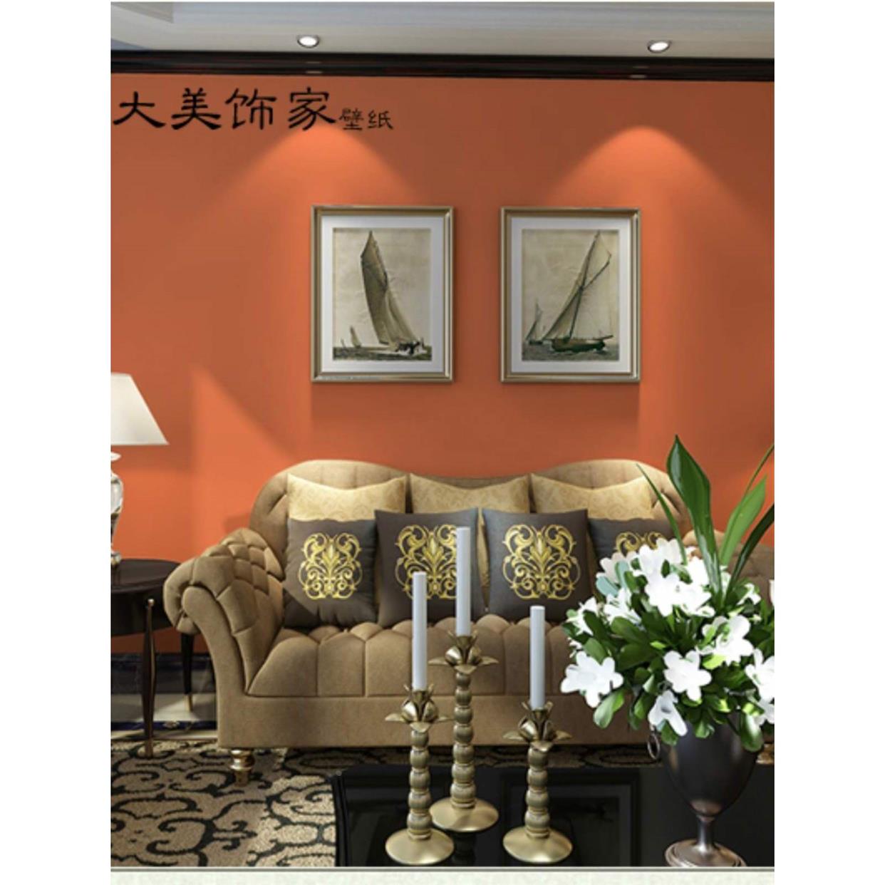美式乡村复古纯纸 橙红色田园大花 卧室玄关床头民宿背景墙纸