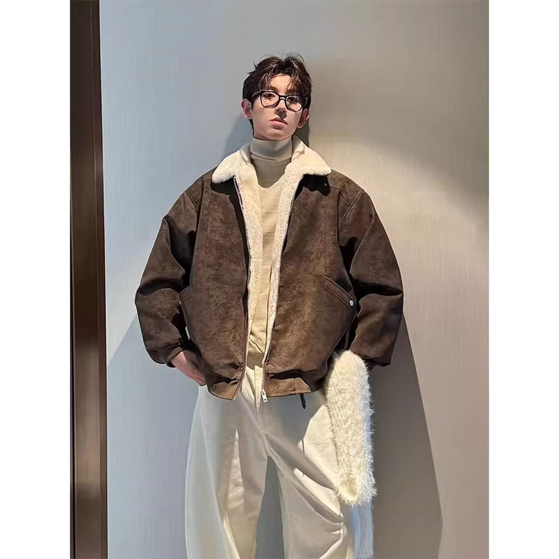 大码冬季美拉德羊羔绒雾面PU皮棉服男款加绒加厚保暖百搭情侣棉衣