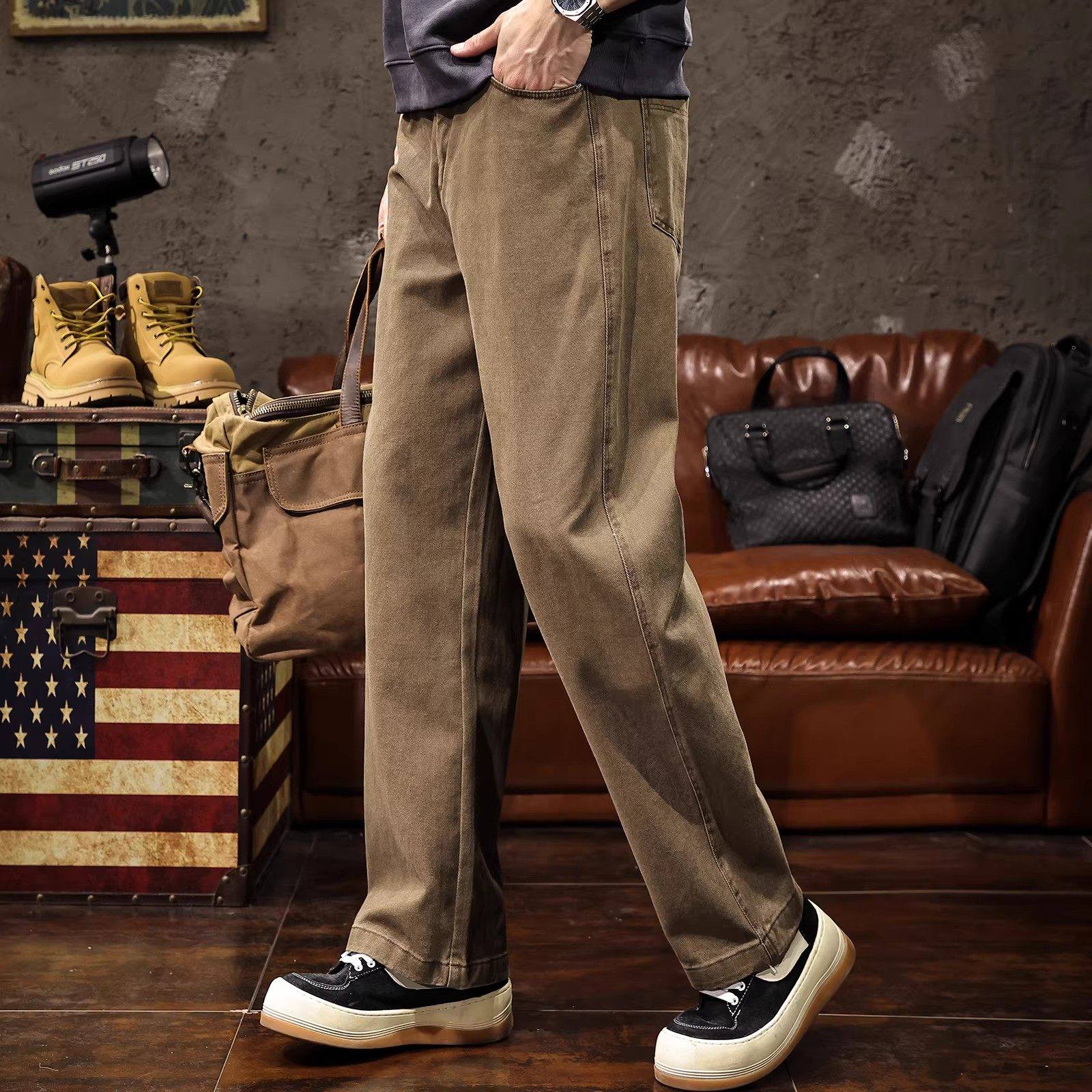 大码美式复古纯棉工装裤子男士春秋新款宽松直筒运动休闲长裤潮牌,男装,休闲裤,淘宝优惠券,粉丝福利购,淘宝优惠卷