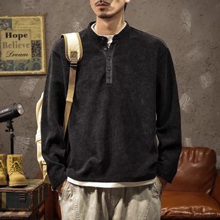 高级感假两件内搭打底衫 大码 t恤秋冬季 复古亨利领卫衣男长袖 美式