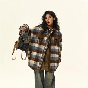 野生阿子美式覆古毛呢拼接皮衣外套女冬季美拉德加绒氛围感棉服潮