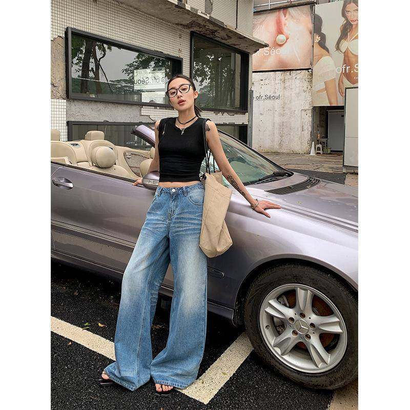 ROOZ【折痕擦色猫须】时尚水洗牛仔裤女宽松直筒拖地裤街头阔腿