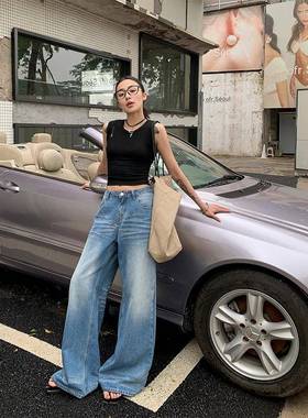 ROOZ【折痕擦色猫须】时尚水洗牛仔裤女宽松直筒拖地裤街头阔腿