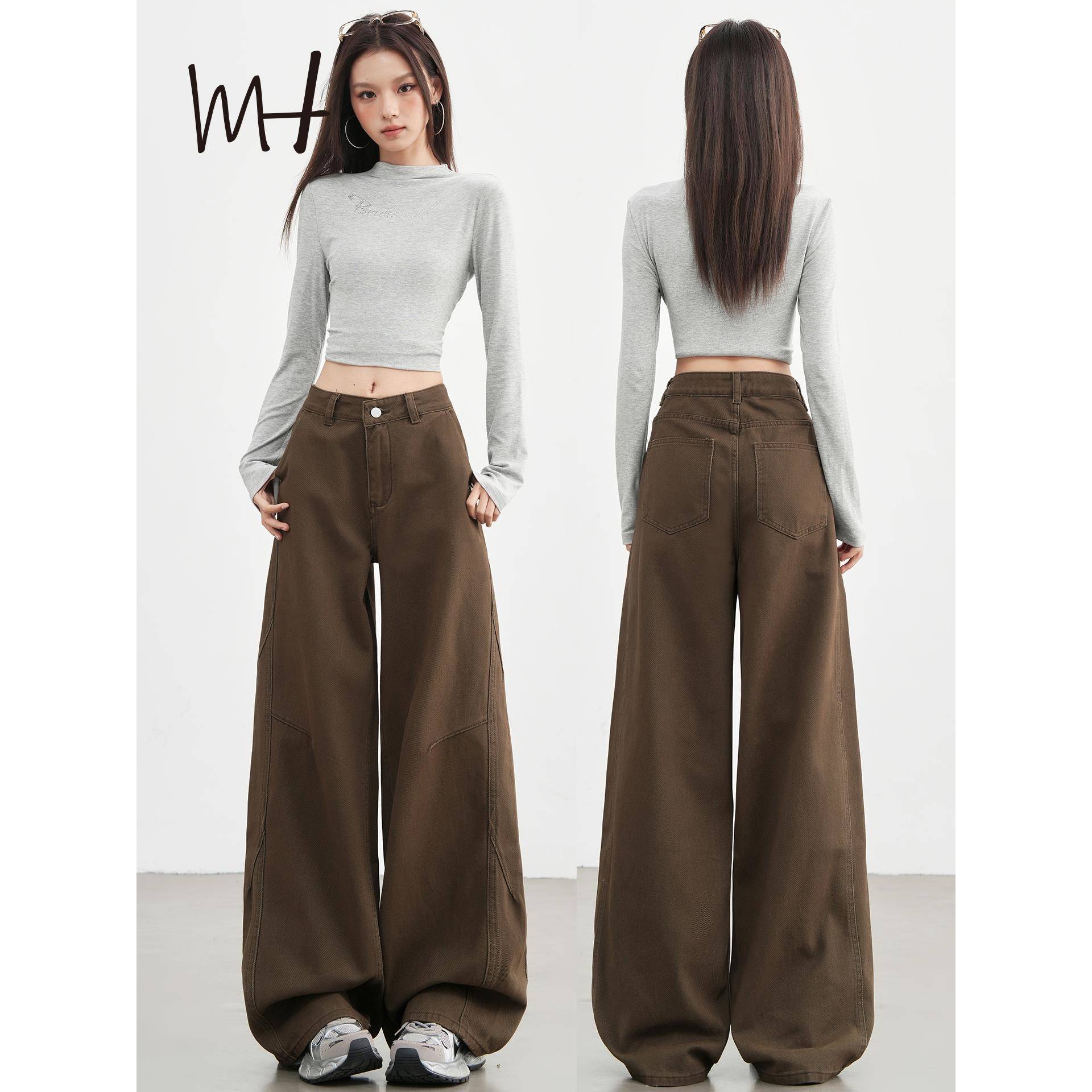 美式覆古棕咖色阔腿牛仔裤女2025秋冬新款水洗做旧男女宽松直筒裤