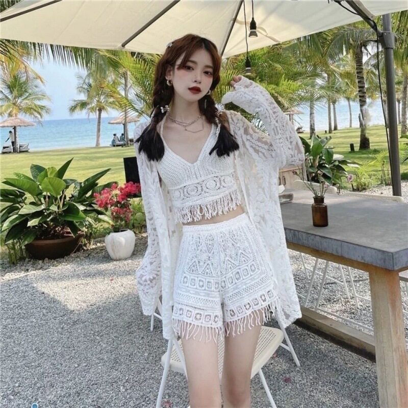 2025新款海边度假仙女套装蕾丝防晒外套+小吊带+显瘦短裤三件套