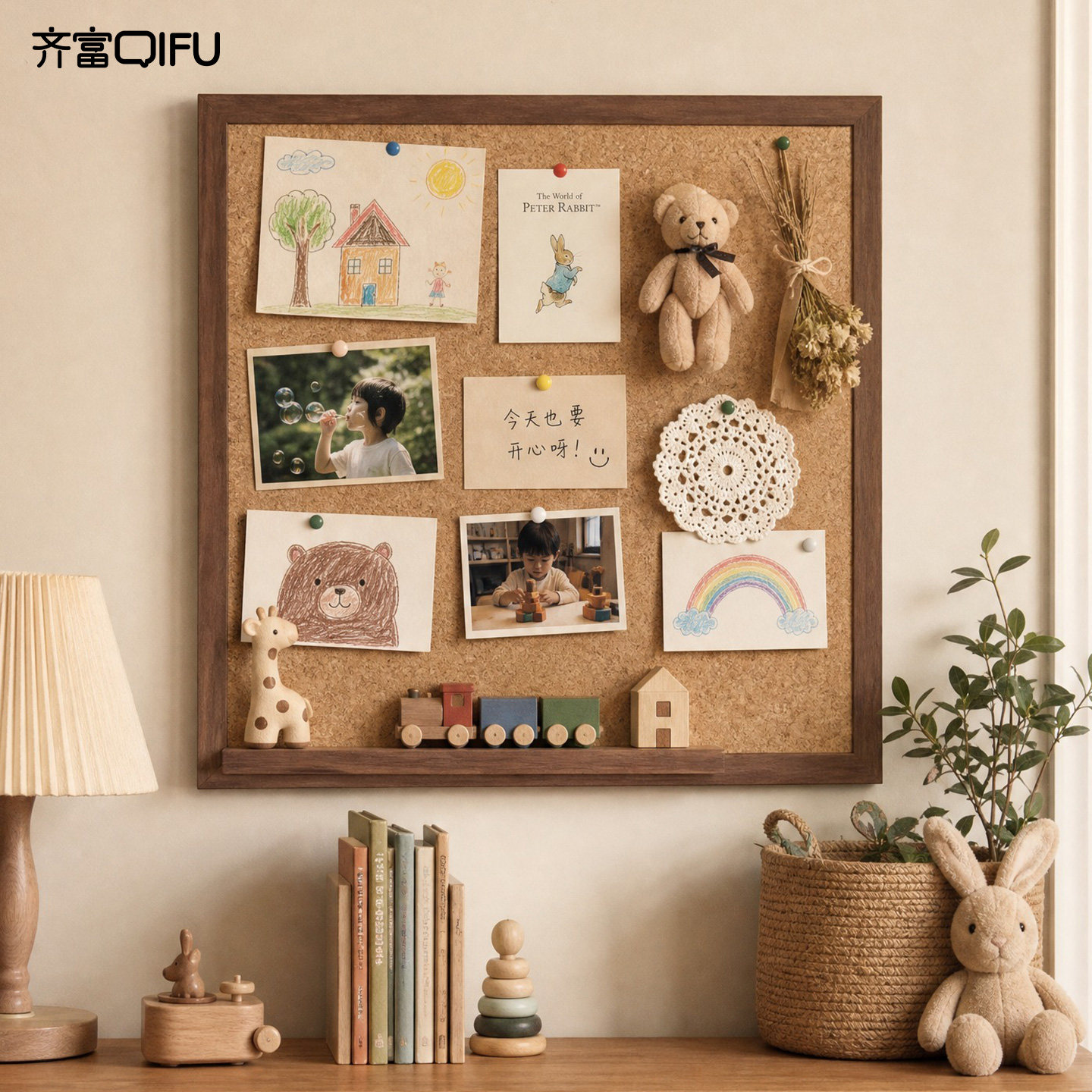 齐富ins挂式实木碎花软木板展板图片