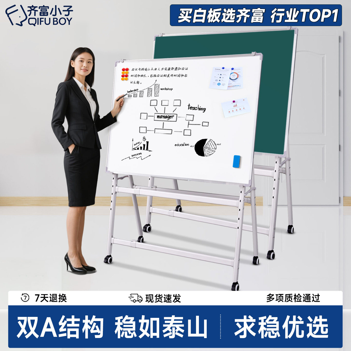 齐富可折叠黑板支架式儿童写字板商用教学办公培训家用白板立式可擦双面磁性留言板移动小黑板工厂车间看板